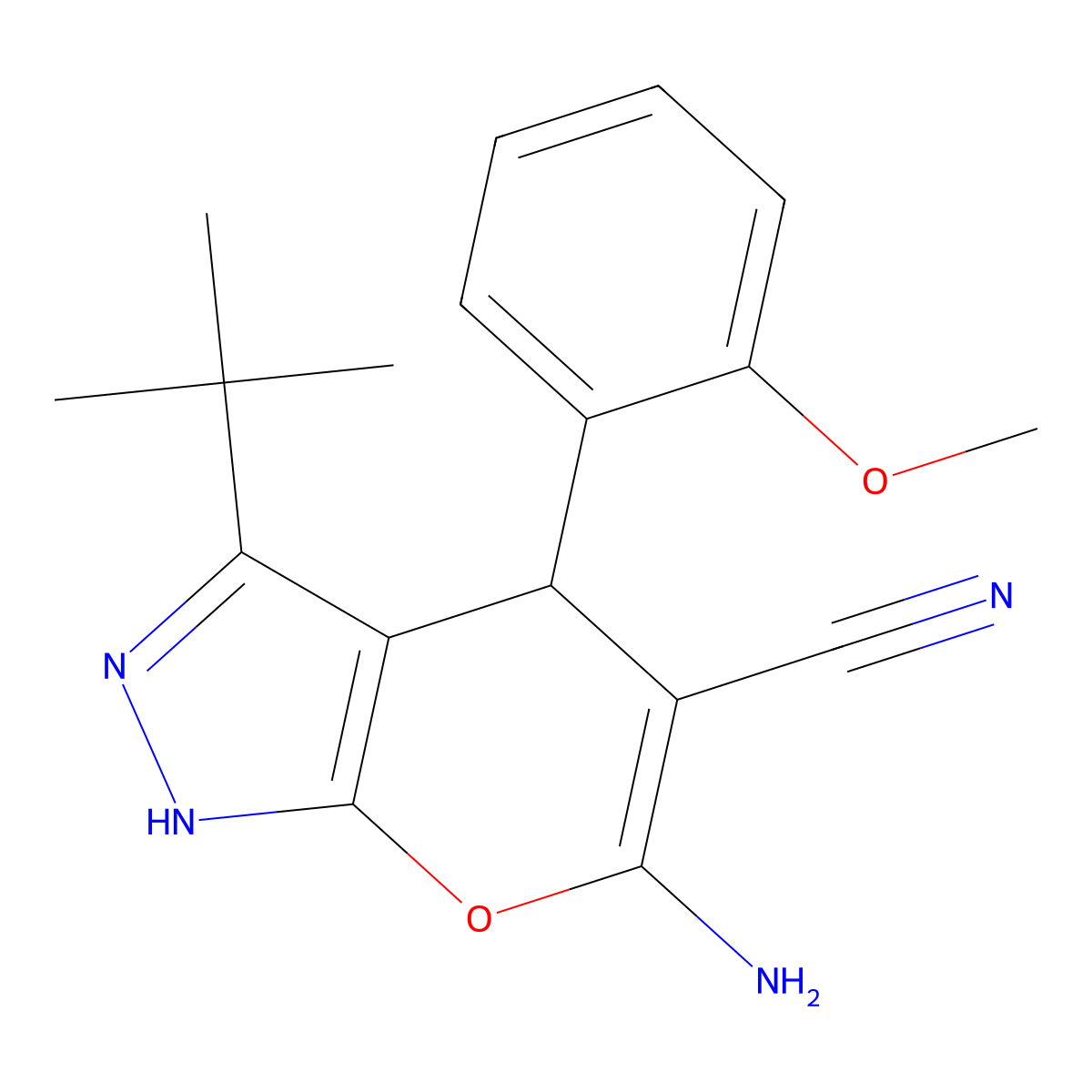 6-Amino-3-tert-BU-4-(2-meo-PH)-1,4-dihydropyrano(2,3-C)pyrazole-5-carbonitrile molecular structure, CAS 352662-77-2
