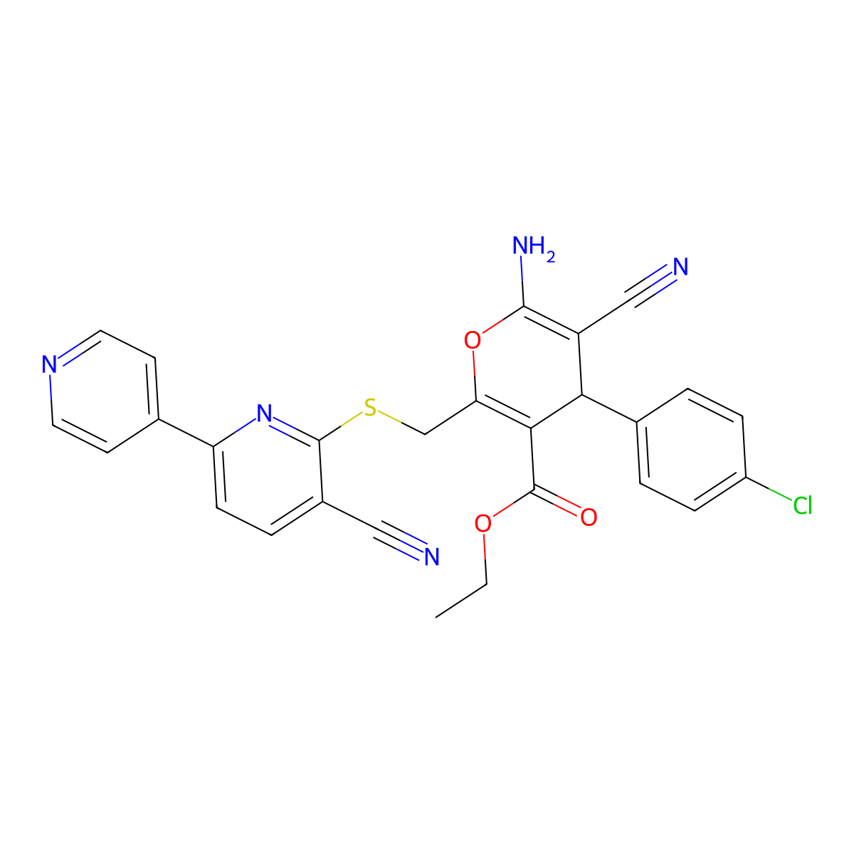 ethyl 6-amino-4-(4-chlorophenyl)-5-cyano-2-[(3-cyano-6-pyridin-4-ylpyridin-2-yl)sulfanylmethyl]-4H-pyran-3-carboxylate molecular structure, CAS 352662-78-3