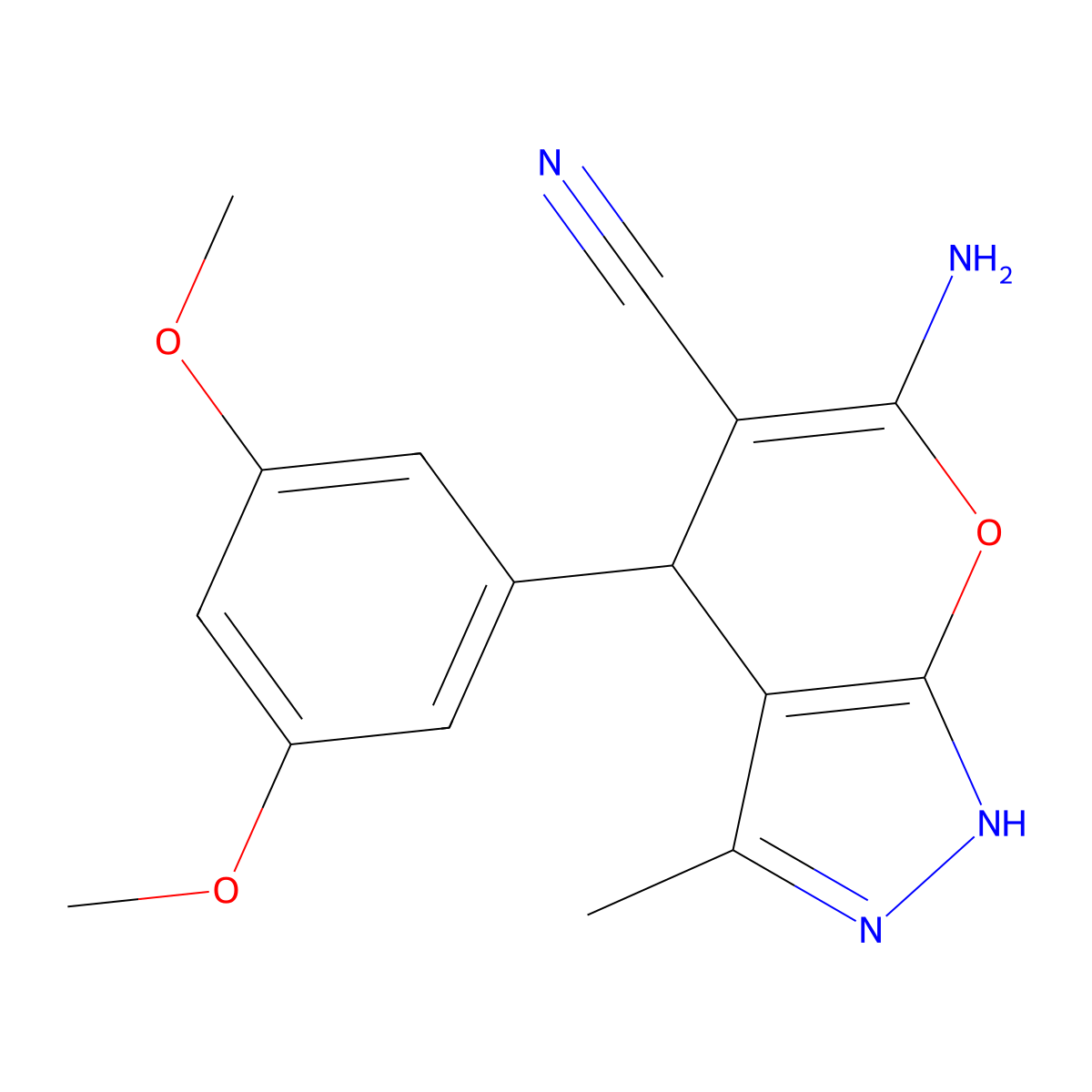 6-Amino-4-(3,5-dimethoxyphenyl)-3-methyl-1,4-dihydropyrano[2,3-c]pyrazole-5-carbonitrile molecular structure, CAS 352662-95-4