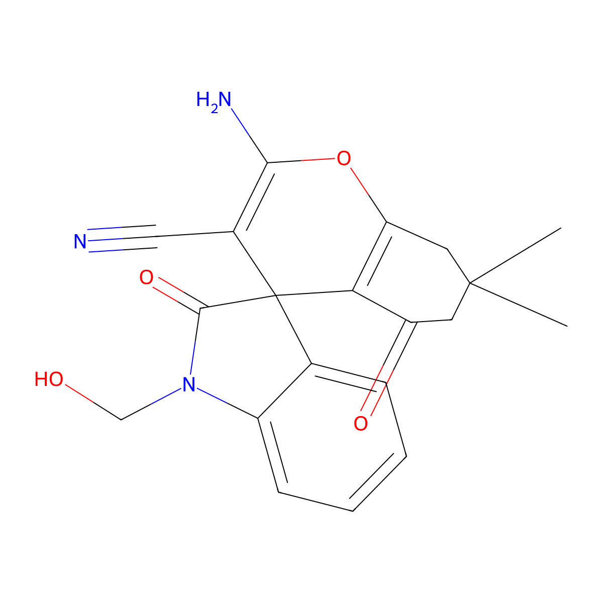 2-Amino-1'-(hydroxymethyl)-7,7-dimethyl-2',5-dioxospiro[6,8-dihydrochromene-4,3'-indole]-3-carbonitrile molecular structure, CAS 352663-15-1
