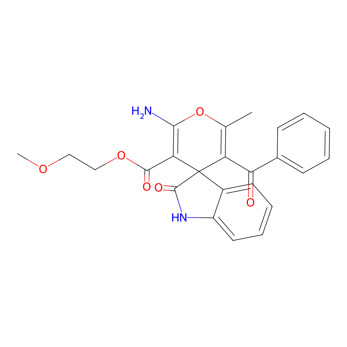 2-methoxyethyl 2'-amino-5'-benzoyl-6'-methyl-2-oxospiro[1H-indole-3,4'-pyran]-3'-carboxylate molecular structure, CAS 352663-25-3