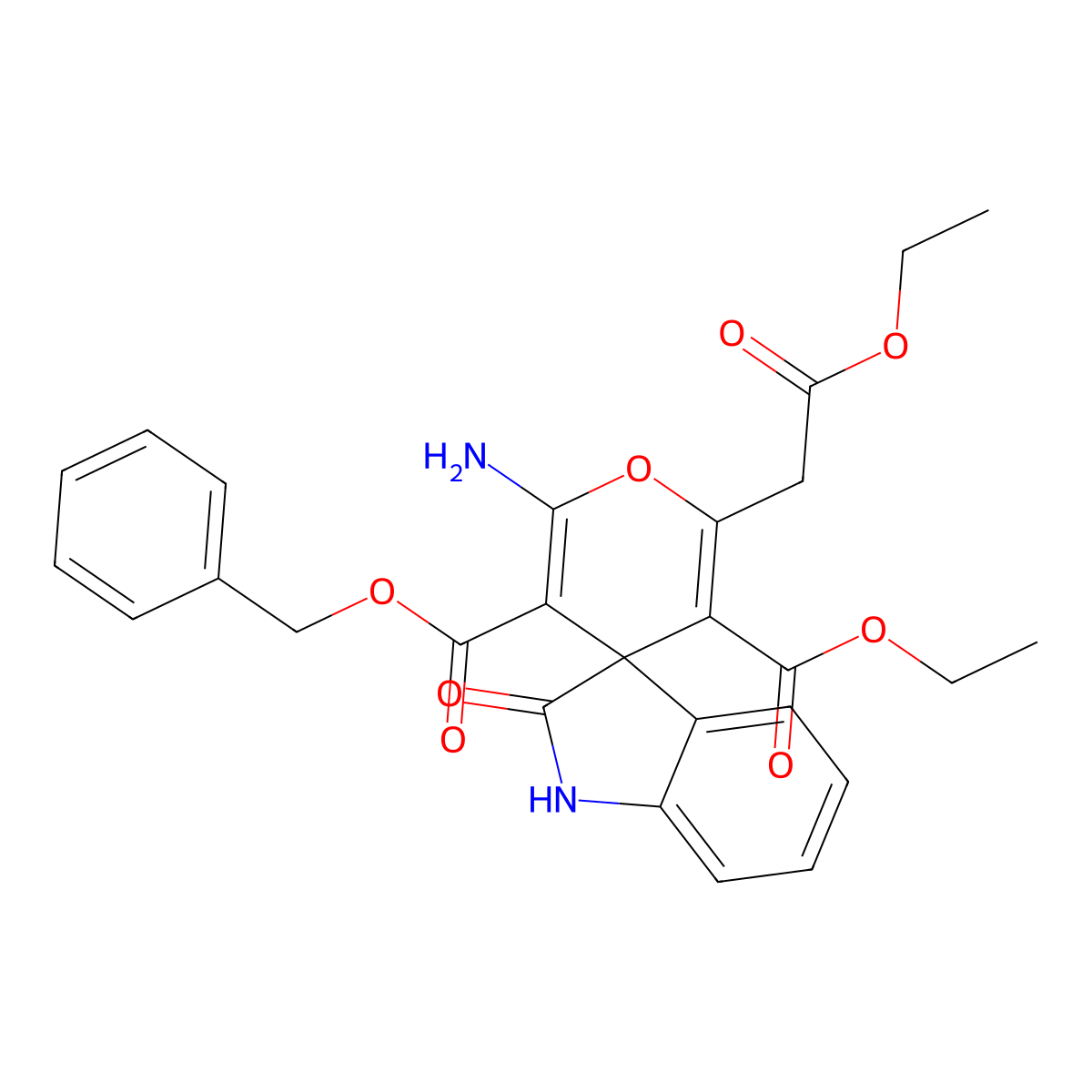 3-O'-benzyl 5-O'-ethyl 2'-amino-6'-(2-ethoxy-2-oxoethyl)-2-oxospiro[1H-indole-3,4'-pyran]-3',5'-dicarboxylate molecular structure, CAS 352663-28-6