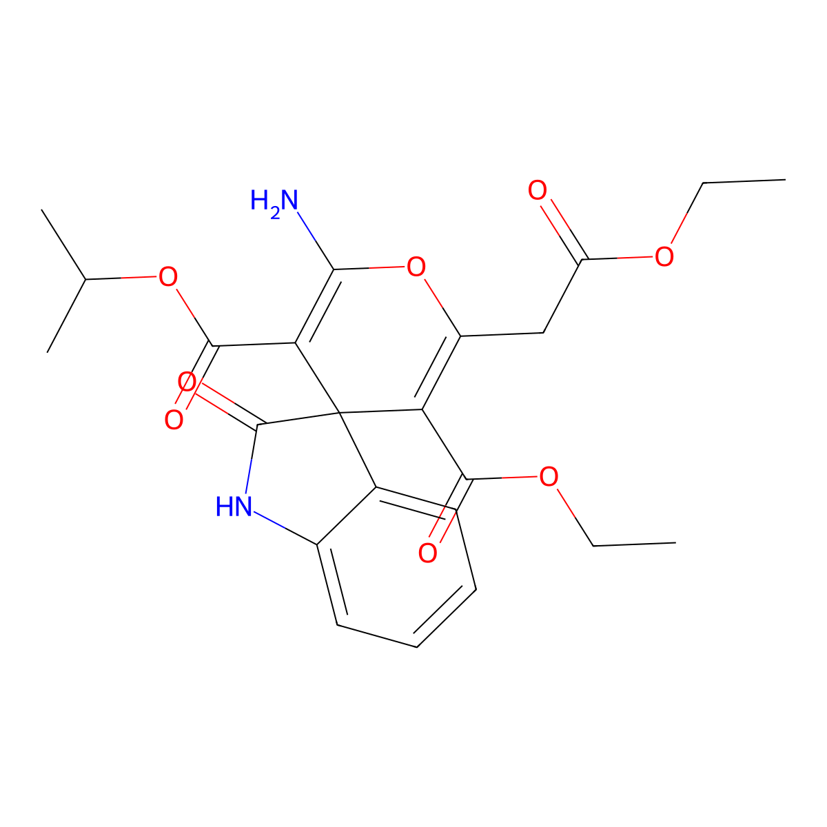 5-O'-ethyl 3-O'-propan-2-yl 2'-amino-6'-(2-ethoxy-2-oxoethyl)-2-oxospiro[1H-indole-3,4'-pyran]-3',5'-dicarboxylate molecular structure, CAS 352663-29-7