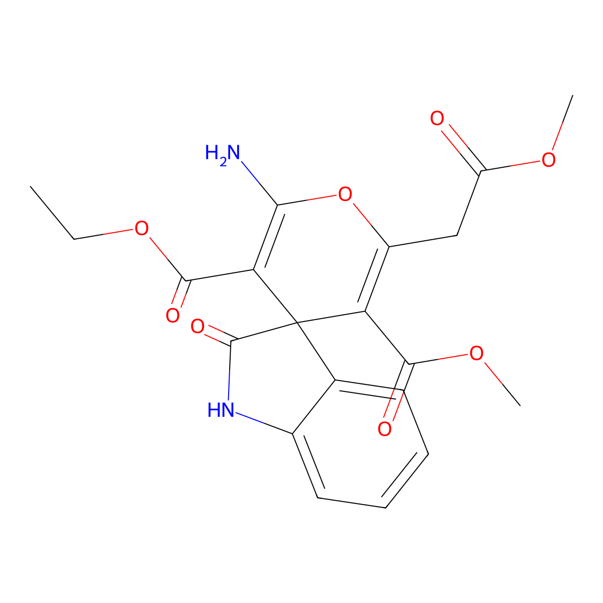 3-O'-ethyl 5-O'-methyl 2'-amino-6'-(2-methoxy-2-oxoethyl)-2-oxospiro[1H-indole-3,4'-pyran]-3',5'-dicarboxylate molecular structure, CAS 352663-30-0
