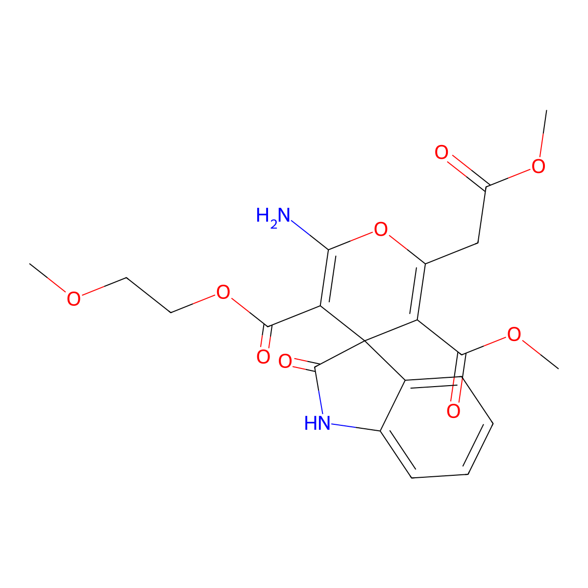 3-O'-(2-methoxyethyl) 5-O'-methyl 2'-amino-6'-(2-methoxy-2-oxoethyl)-2-oxospiro[1H-indole-3,4'-pyran]-3',5'-dicarboxylate molecular structure, CAS 352663-32-2