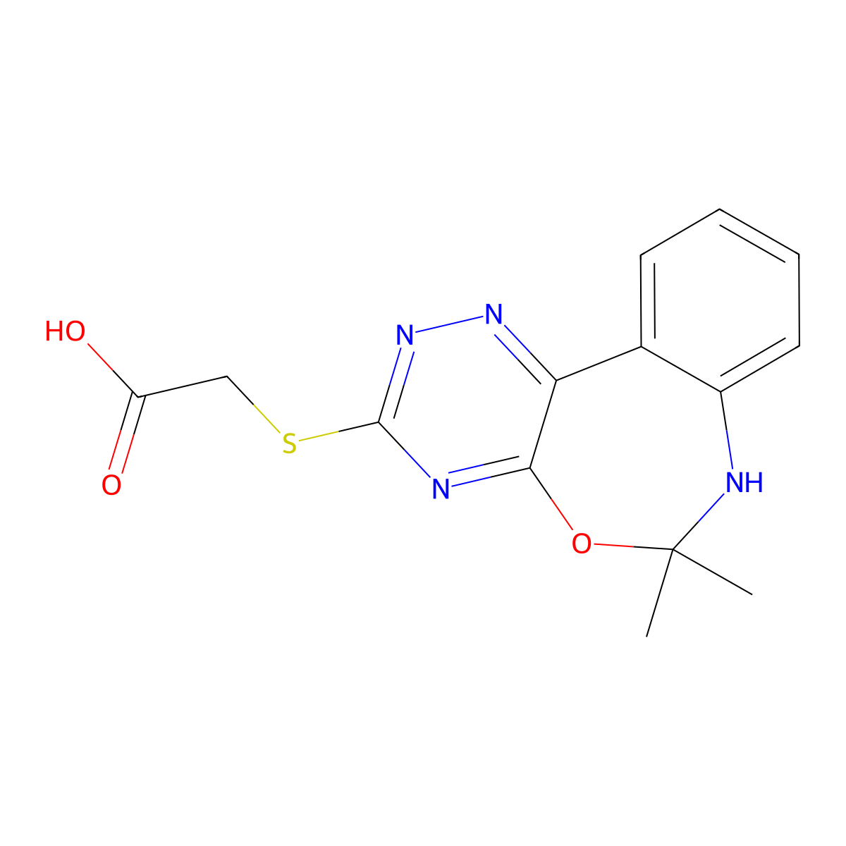 2-((6,6-Dimethyl-6,7-dihydrobenzo[d][1,2,4]triazino[6,5-f][1,3]oxazepin-3-yl)thio)acetic acid molecular structure, CAS 352663-34-4