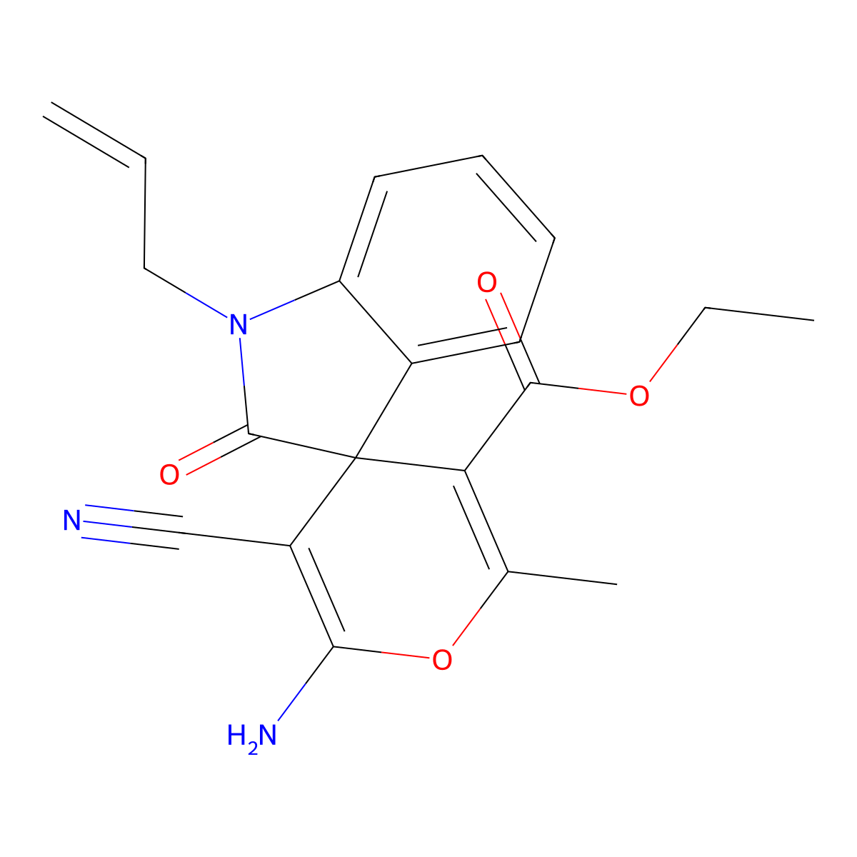 Ethyl 6'-amino-5'-cyano-2'-methyl-2-oxo-1-prop-2-enylspiro[indole-3,4'-pyran]-3'-carboxylate molecular structure, CAS 352663-38-8