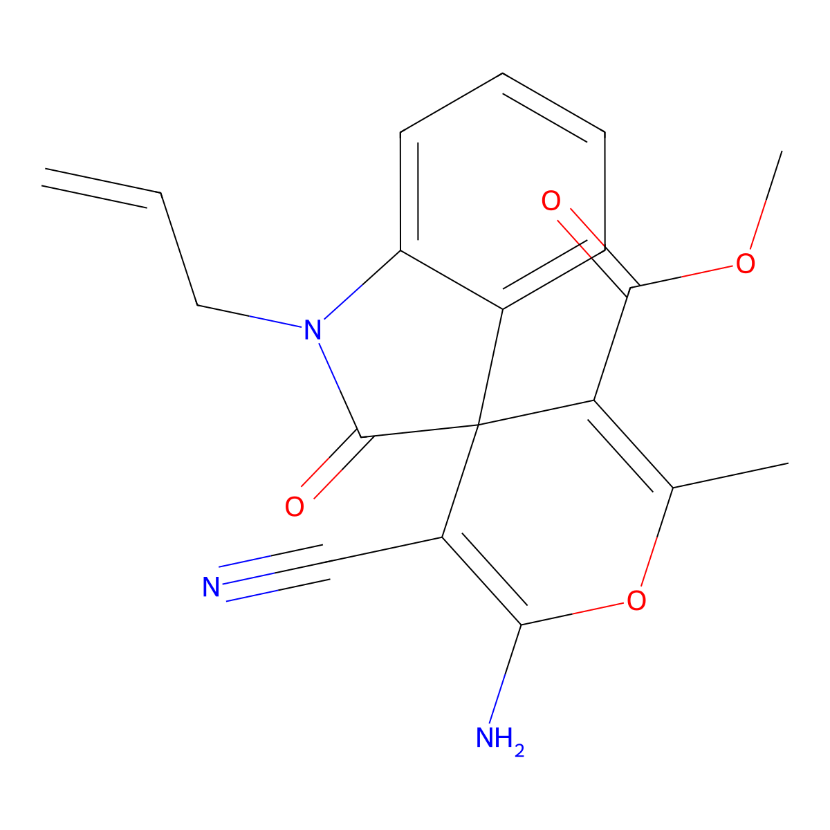 Methyl 6'-amino-5'-cyano-2'-methyl-2-oxo-1-prop-2-enylspiro[indole-3,4'-pyran]-3'-carboxylate molecular structure, CAS 352663-39-9