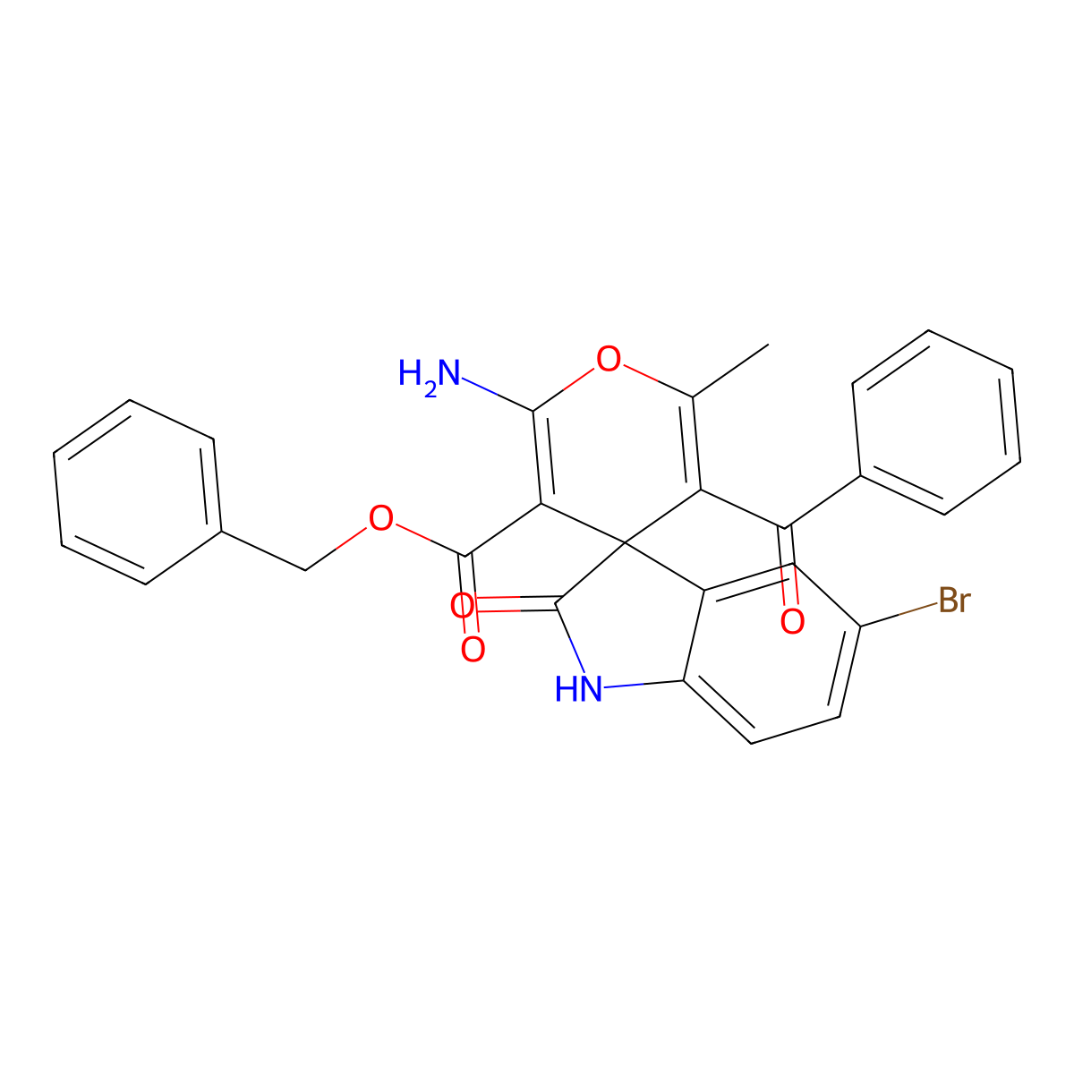 benzyl 2'-amino-5'-benzoyl-5-bromo-6'-methyl-2-oxospiro[1H-indole-3,4'-pyran]-3'-carboxylate molecular structure, CAS 352663-41-3