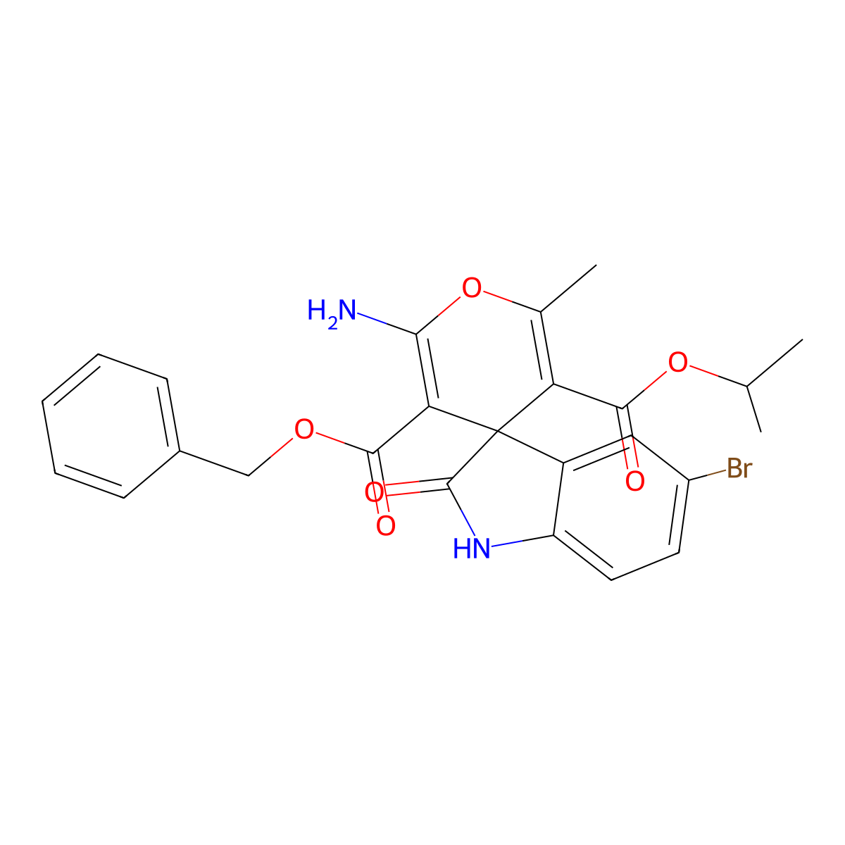 3-O'-benzyl 5-O'-propan-2-yl 2'-amino-5-bromo-6'-methyl-2-oxospiro[1H-indole-3,4'-pyran]-3',5'-dicarboxylate molecular structure, CAS 352663-43-5