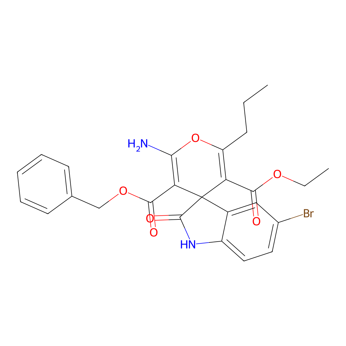 3-O'-benzyl 5-O'-ethyl 2'-amino-5-bromo-2-oxo-6'-propylspiro[1H-indole-3,4'-pyran]-3',5'-dicarboxylate molecular structure, CAS 352663-44-6