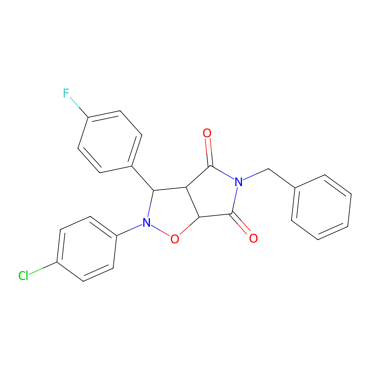 5-benzyl-2-(4-chlorophenyl)-3-(4-fluorophenyl)dihydro-2H-pyrrolo[3,4-d]isoxazole-4,6(3H,5H)-dione molecular structure, CAS 352665-95-3