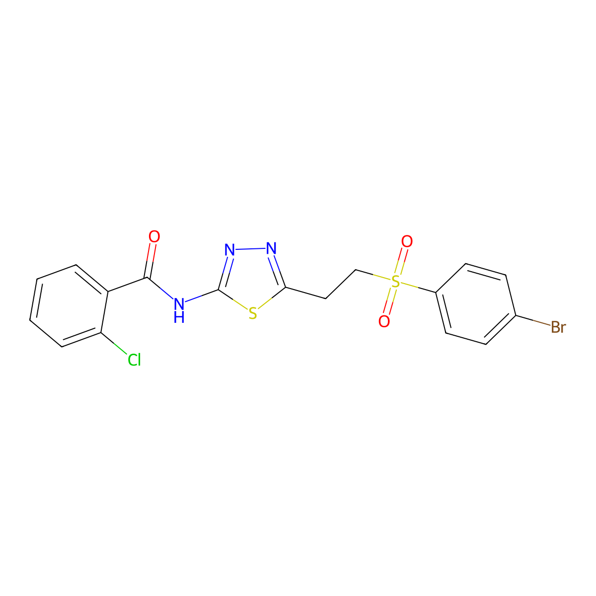 N-[5-[2-(4-bromophenyl)sulfonylethyl]-1,3,4-thiadiazol-2-yl]-2-chlorobenzamide molecular structure, CAS 352668-40-7