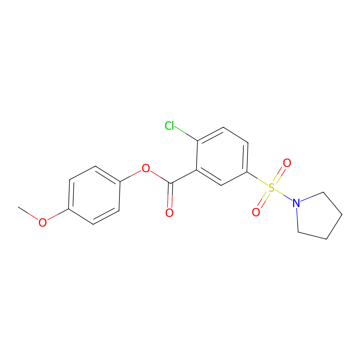4-Methoxyphenyl 2-chloro-5-(1-pyrrolidinylsulfonyl)benzoate molecular structure, CAS 352671-84-2
