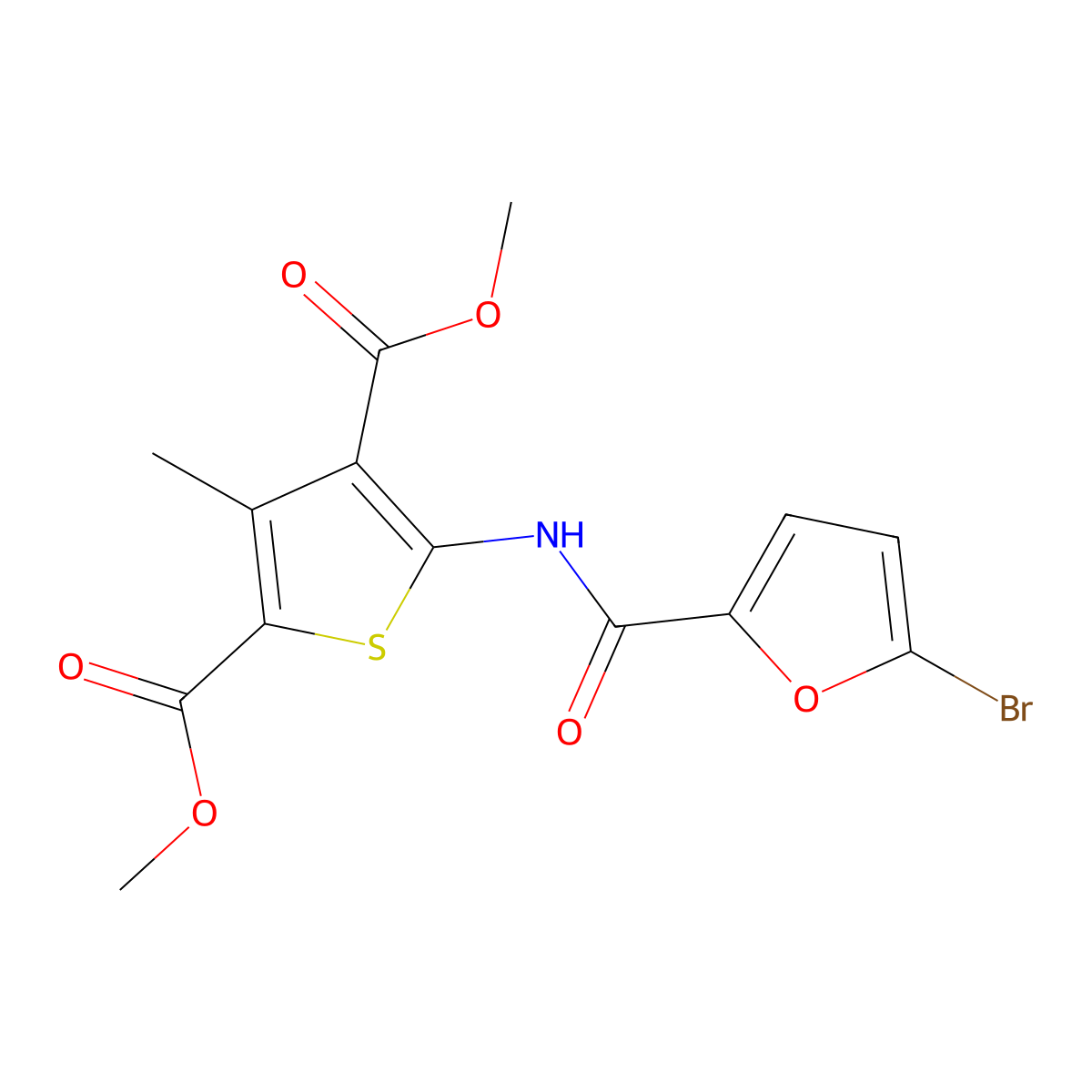 Dimethyl 5-[(5-bromofuran-2-carbonyl)amino]-3-methylthiophene-2,4-dicarboxylate molecular structure, CAS 352676-74-5