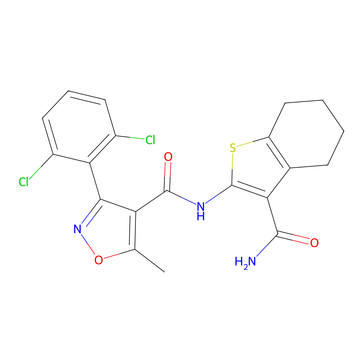 N-(3-carbamoyl-4,5,6,7-tetrahydro-1-benzothiophen-2-yl)-3-(2,6-dichlorophenyl)-5-methyl-1,2-oxazole-4-carboxamide molecular structure, CAS 352676-92-7