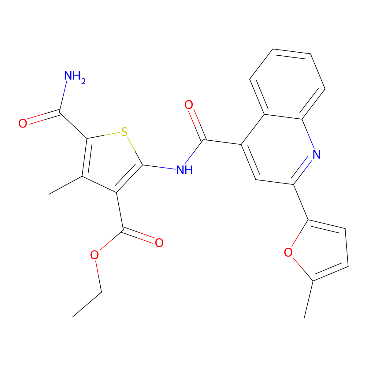 Ethyl 5-carbamoyl-4-methyl-2-[[2-(5-methylfuran-2-yl)quinoline-4-carbonyl]amino]thiophene-3-carboxylate molecular structure, CAS 352676-98-3