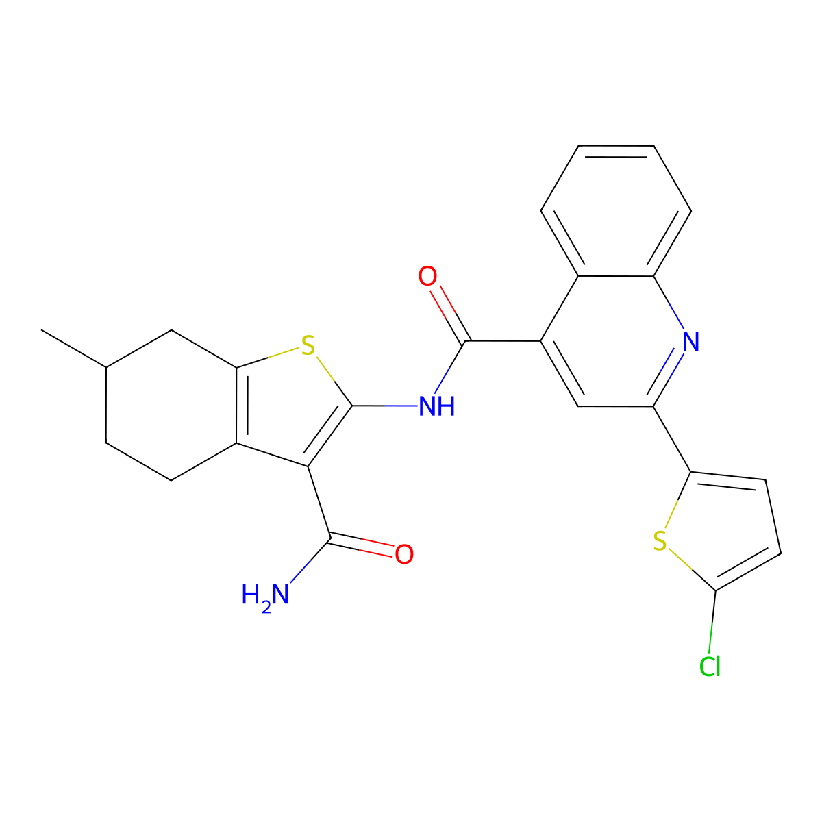N-(3-carbamoyl-6-methyl-4,5,6,7-tetrahydro-1-benzothiophen-2-yl)-2-(5-chlorothiophen-2-yl)quinoline-4-carboxamide molecular structure, CAS 352677-36-2