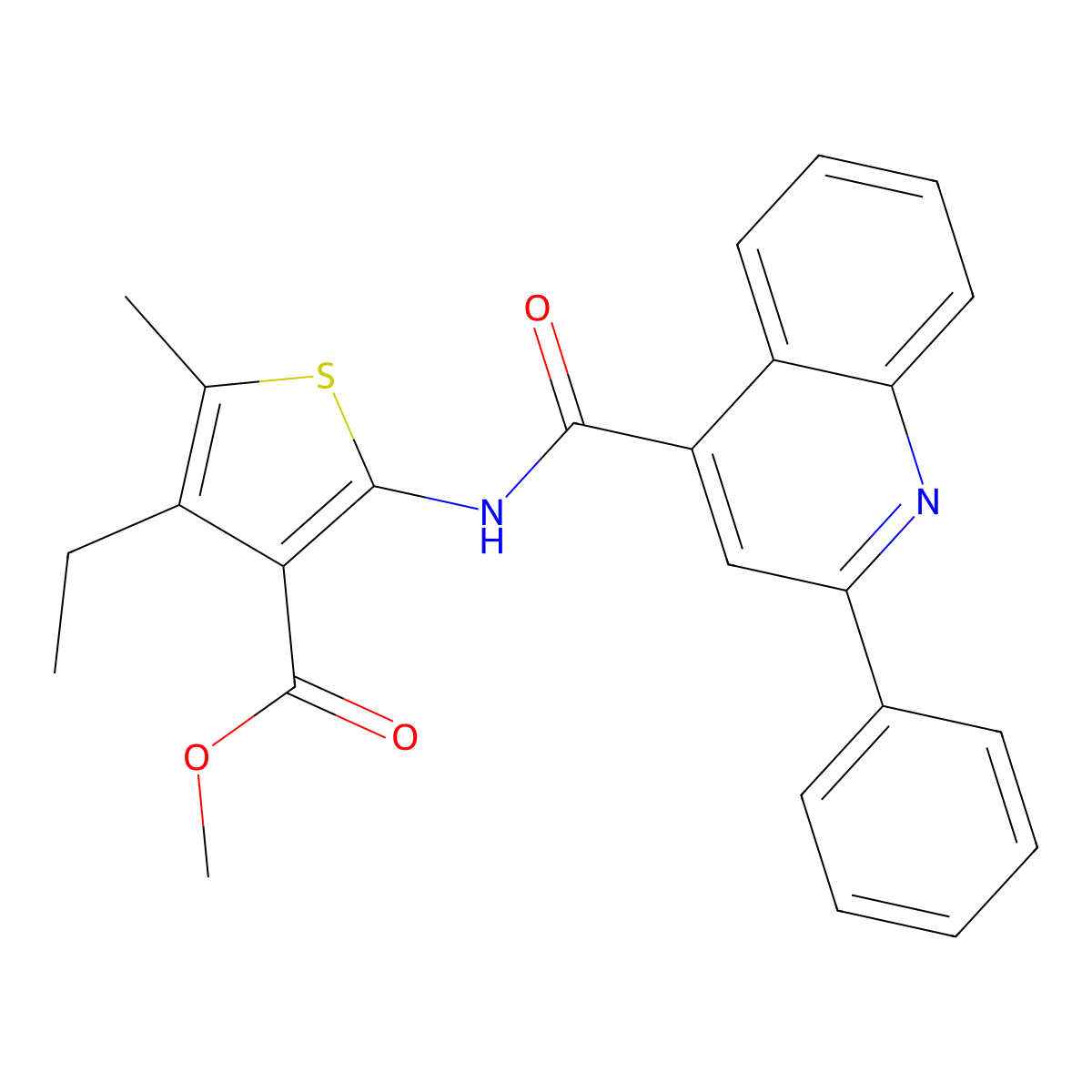 Methyl 4-ethyl-5-methyl-2-[(2-phenylquinoline-4-carbonyl)amino]thiophene-3-carboxylate molecular structure, CAS 352677-98-6