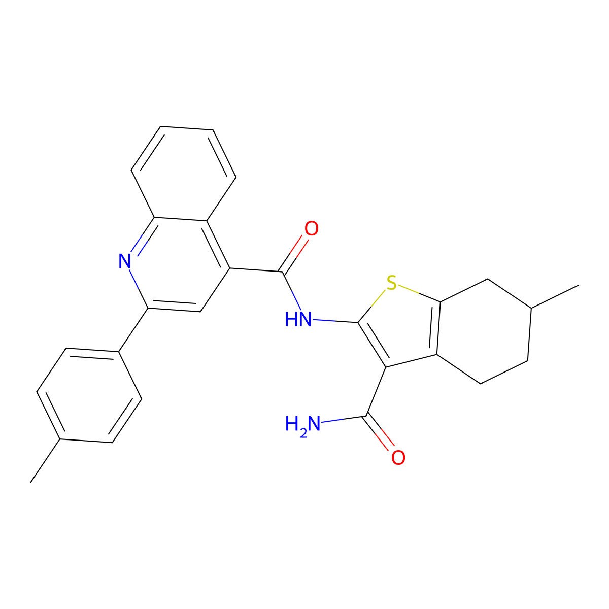 N-(3-carbamoyl-6-methyl-4,5,6,7-tetrahydro-1-benzothiophen-2-yl)-2-(4-methylphenyl)quinoline-4-carboxamide molecular structure, CAS 352678-24-1