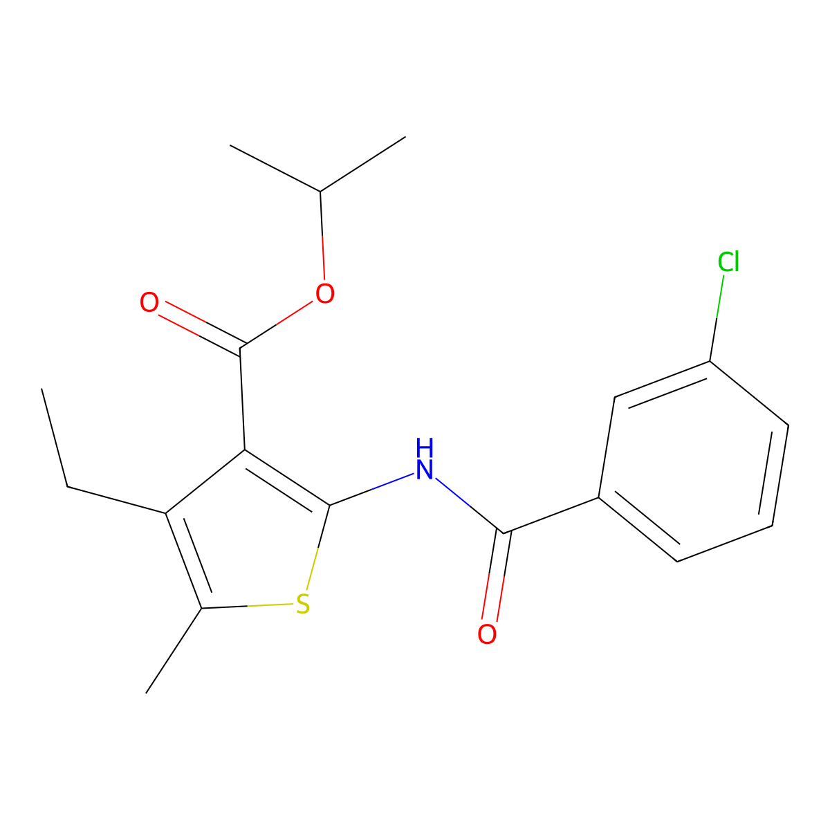 Isopropyl 2-[(3-chlorobenzoyl)amino]-4-ethyl-5-methyl-3-thiophenecarboxylate molecular structure, CAS 352678-57-0