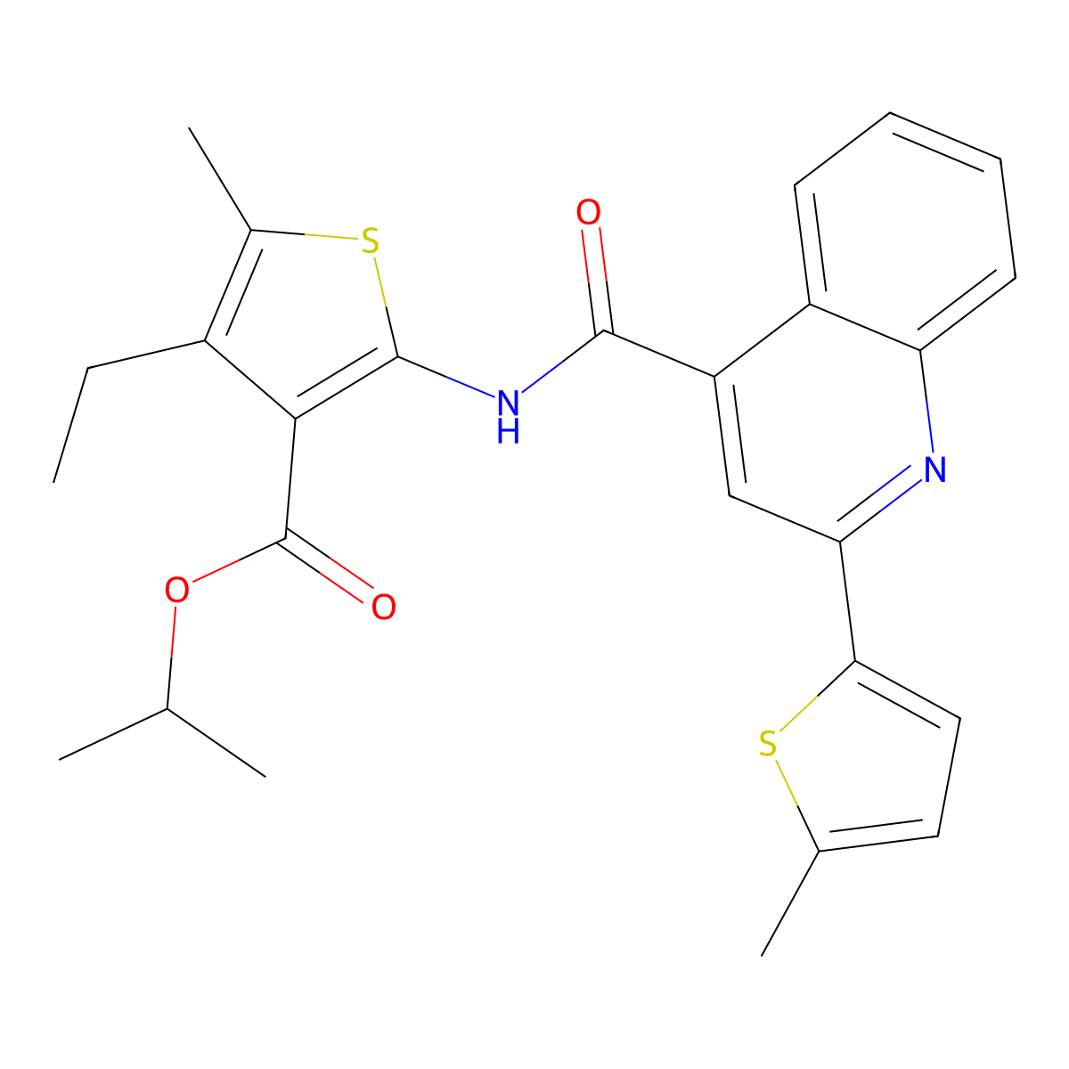 Isopropyl 4-ethyl-5-methyl-2-({[2-(5-methyl-2-thienyl)-4-quinolinyl]carbonyl}amino)-3-thiophenecarboxylate molecular structure, CAS 352678-76-3