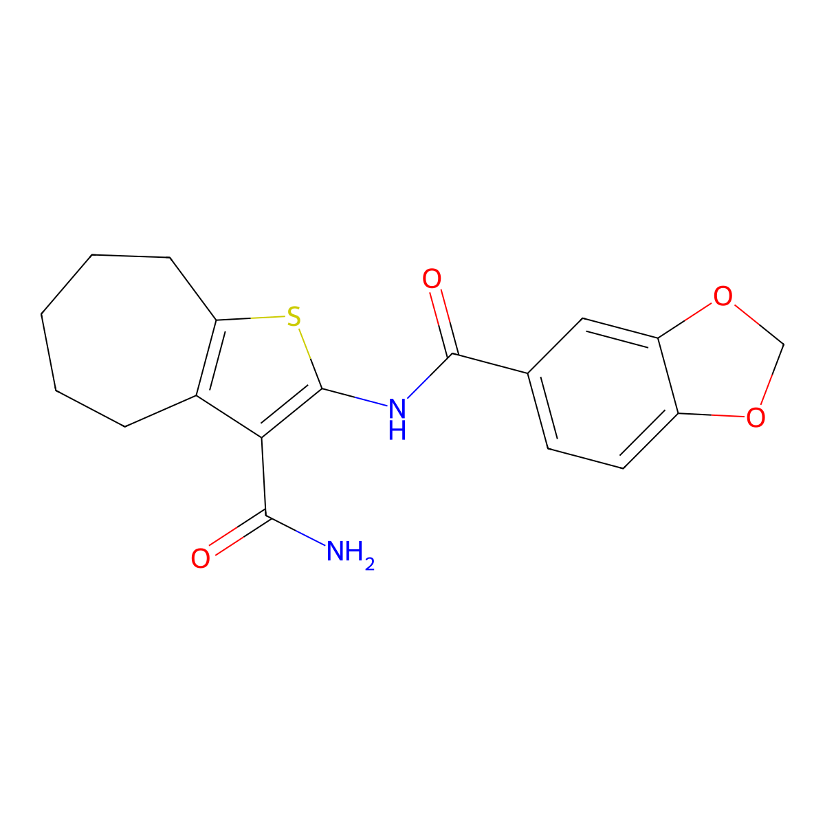 N-(3-carbamoyl-5,6,7,8-tetrahydro-4H-cyclohepta[b]thiophen-2-yl)-1,3-benzodioxole-5-carboxamide molecular structure, CAS 352679-02-8
