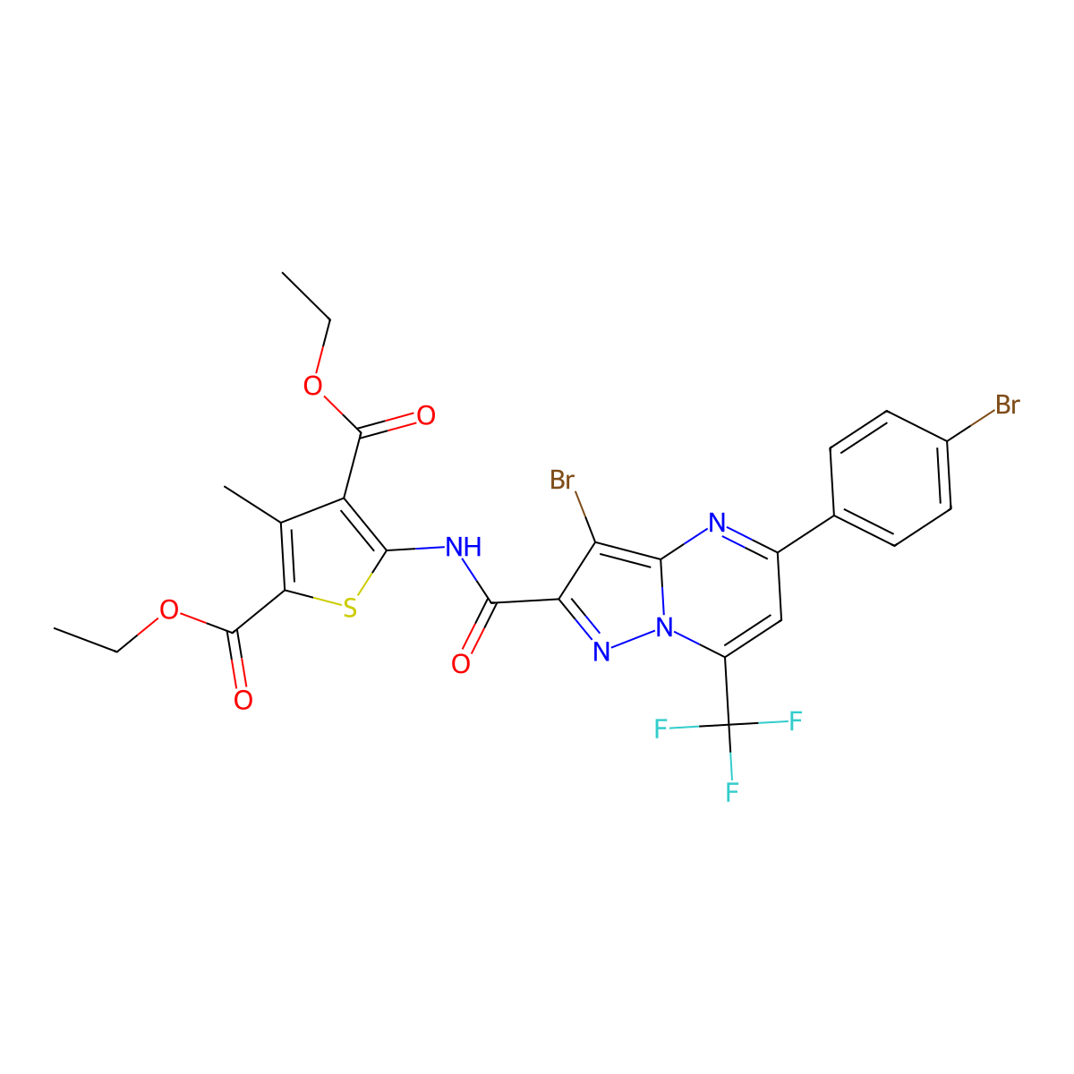 Diethyl 5-({[3-bromo-5-(4-bromophenyl)-7-(trifluoromethyl)pyrazolo[1,5-a]pyrimidin-2-yl]carbonyl}amino)-3-methyl-2,4-thiophenedicarboxylate molecular structure, CAS 352679-79-9