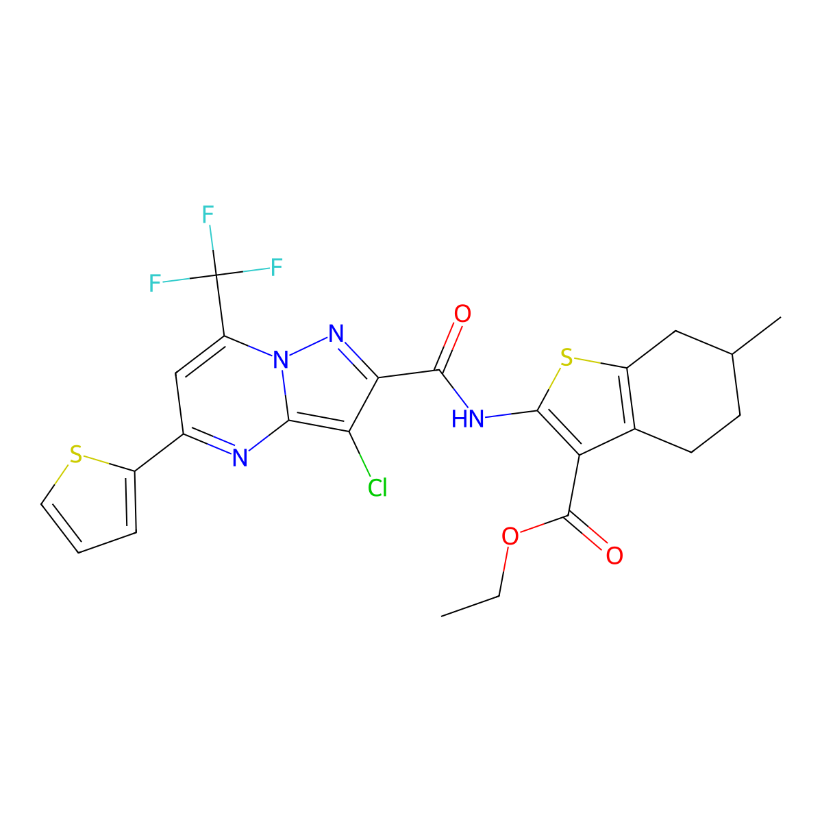 Ethyl 2-({[3-chloro-5-(2-thienyl)-7-(trifluoromethyl)pyrazolo[1,5-a]pyrimidin-2-yl]carbonyl}amino)-6-methyl-4,5,6,7-tetrahydro-1-benzothiophene-3-carboxylate molecular structure, CAS 352679-80-2