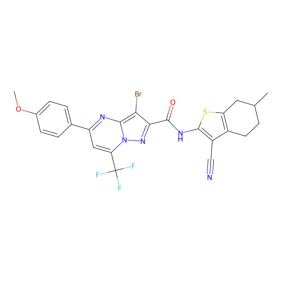 3-bromo-N-(3-cyano-6-methyl-4,5,6,7-tetrahydro-1-benzothiophen-2-yl)-5-(4-methoxyphenyl)-7-(trifluoromethyl)pyrazolo[1,5-a]pyrimidine-2-carboxamide molecular structure, CAS 352679-85-7