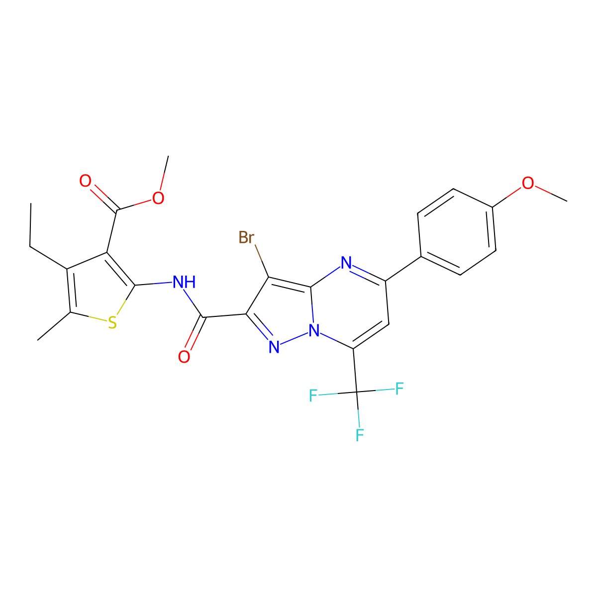Methyl 2-({[3-bromo-5-(4-methoxyphenyl)-7-(trifluoromethyl)pyrazolo[1,5-a]pyrimidin-2-yl]carbonyl}amino)-4-ethyl-5-methyl-3-thiophenecarboxylate molecular structure, CAS 352679-86-8