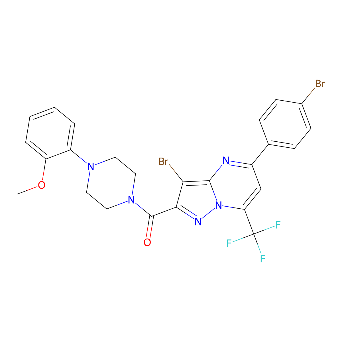 [3-Bromo-5-(4-bromophenyl)-7-(trifluoromethyl)pyrazolo[1,5-a]pyrimidin-2-yl]-[4-(2-methoxyphenyl)piperazin-1-yl]methanone molecular structure, CAS 352679-89-1