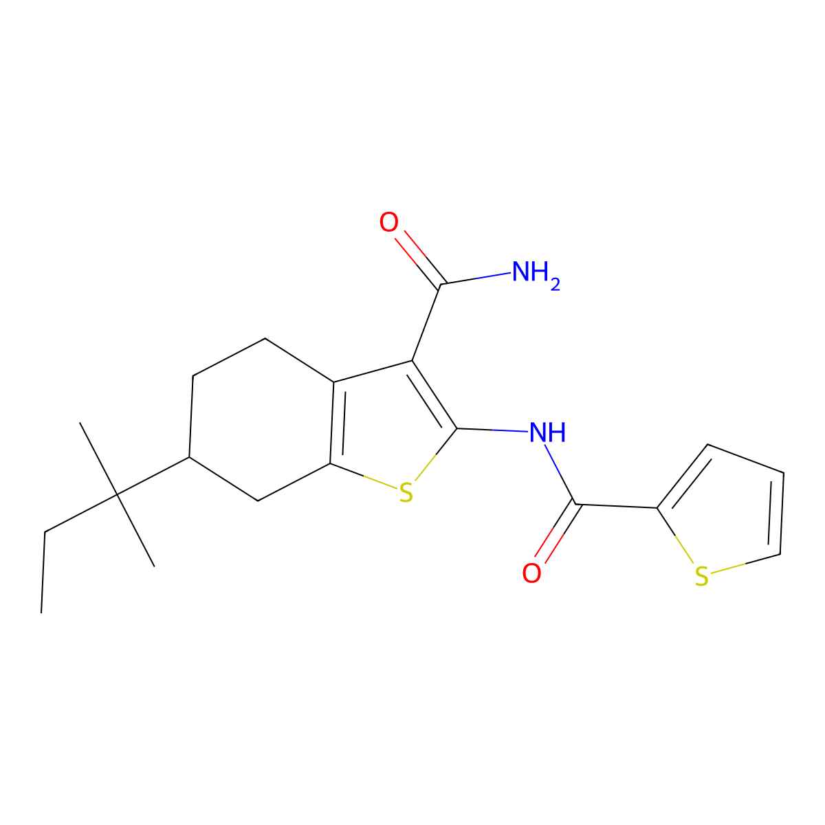 6-(2-Methylbutan-2-yl)-2-(thiophene-2-carbonylamino)-4,5,6,7-tetrahydro-1-benzothiophene-3-carboxamide molecular structure, CAS 352681-53-9