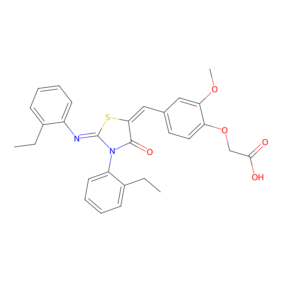 2-[4-[[3-(2-Ethylphenyl)-2-(2-ethylphenyl)imino-4-oxo-1,3-thiazolidin-5-ylidene]methyl]-2-methoxyphenoxy]acetic acid molecular structure, CAS 352683-04-6