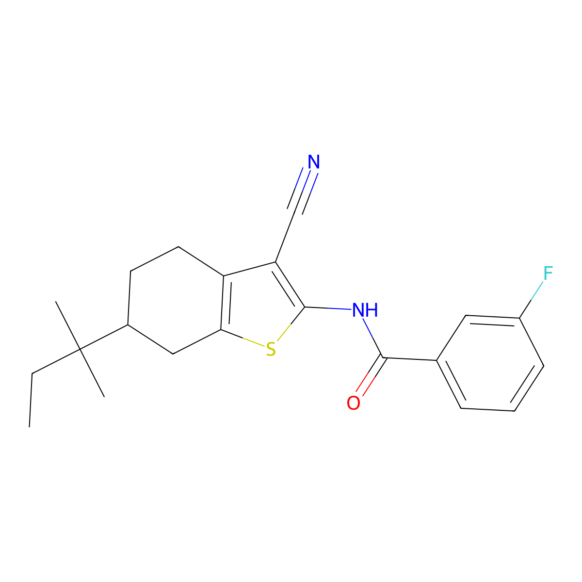 N-[3-cyano-6-(2-methylbutan-2-yl)-4,5,6,7-tetrahydro-1-benzothiophen-2-yl]-3-fluorobenzamide molecular structure, CAS 352685-77-9