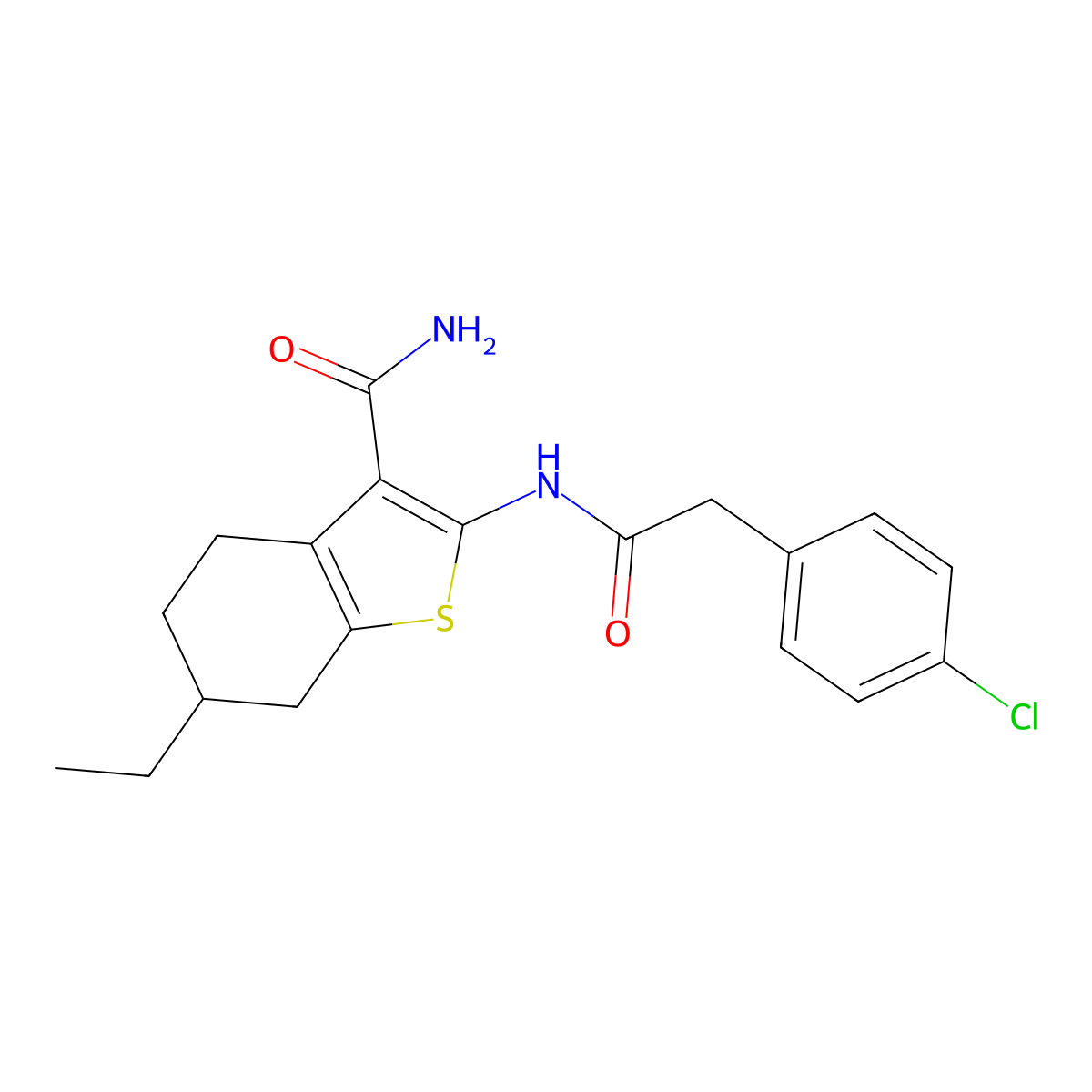2-{[(4-Chlorophenyl)acetyl]amino}-6-ethyl-4,5,6,7-tetrahydro-1-benzothiophene-3-carboxamide molecular structure, CAS 352685-83-7