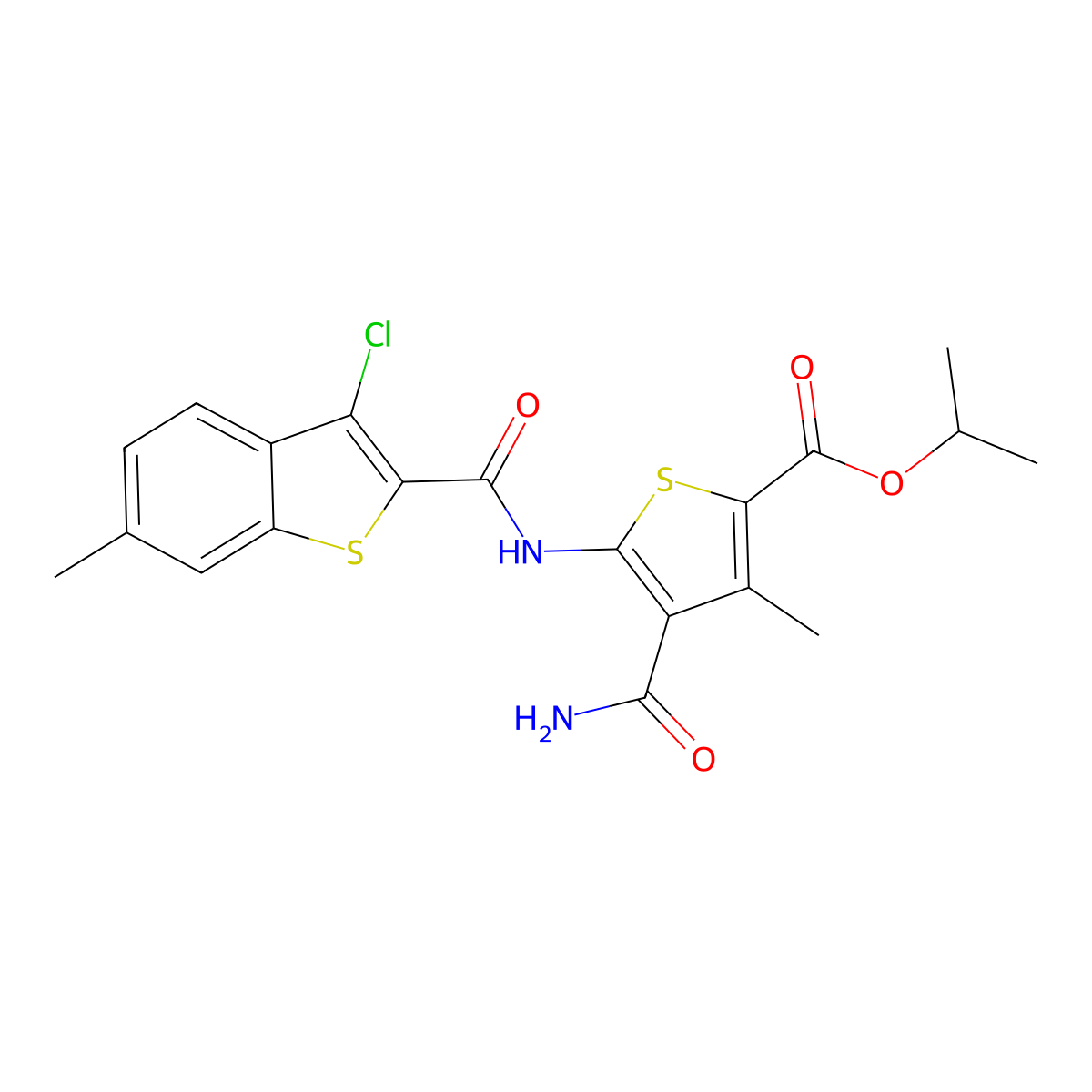 Propan-2-yl 4-carbamoyl-5-[(3-chloro-6-methyl-1-benzothiophene-2-carbonyl)amino]-3-methylthiophene-2-carboxylate molecular structure, CAS 352686-03-4