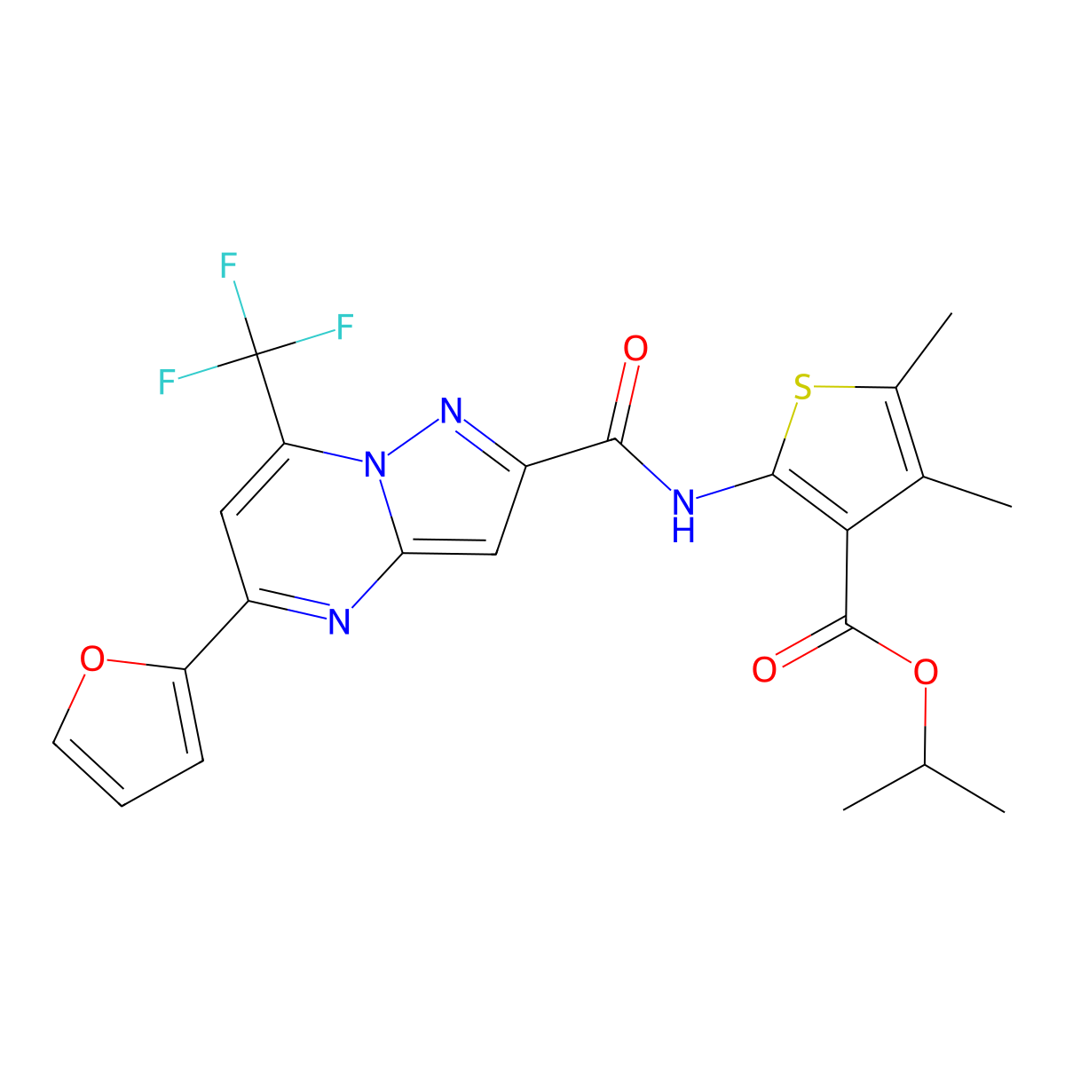 Isopropyl 2-({[5-(2-furyl)-7-(trifluoromethyl)pyrazolo[1,5-a]pyrimidin-2-yl]carbonyl}amino)-4,5-dimethyl-3-thiophenecarboxylate molecular structure, CAS 352686-09-0