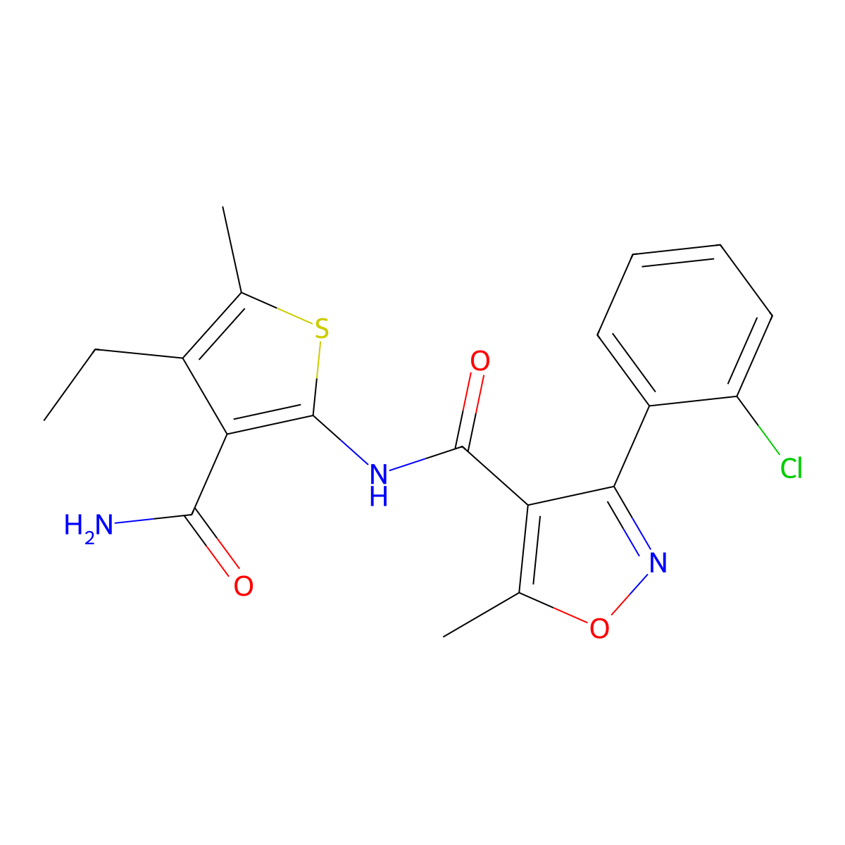 N-(3-carbamoyl-4-ethyl-5-methylthiophen-2-yl)-3-(2-chlorophenyl)-5-methyl-1,2-oxazole-4-carboxamide molecular structure, CAS 352686-16-9