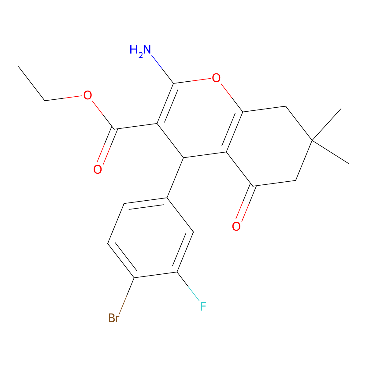 ethyl 2-amino-4-(4-bromo-3-fluorophenyl)-7,7-dimethyl-5-oxo-5,6,7,8-tetrahydro-4H-chromene-3-carboxylate molecular structure, CAS 352687-20-8
