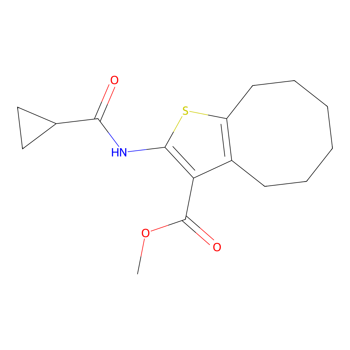 Methyl 2-[(cyclopropylcarbonyl)amino]-4,5,6,7,8,9-hexahydrocycloocta[b]thiophene-3-carboxylate molecular structure, CAS 352687-85-5