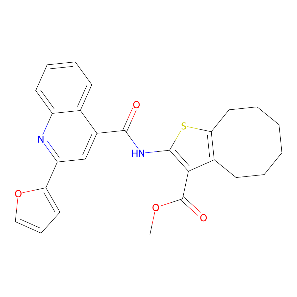 Methyl 2-[[2-(furan-2-yl)quinoline-4-carbonyl]amino]-4,5,6,7,8,9-hexahydrocycloocta[b]thiophene-3-carboxylate molecular structure, CAS 352687-96-8