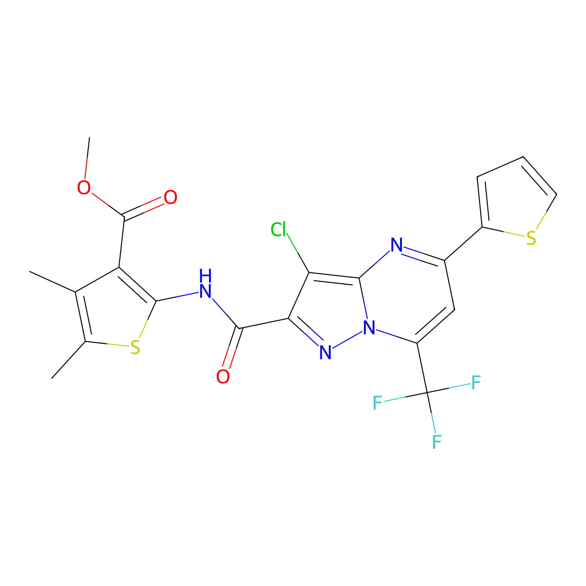 Methyl 2-({[3-chloro-5-(2-thienyl)-7-(trifluoromethyl)pyrazolo[1,5-a]pyrimidin-2-yl]carbonyl}amino)-4,5-dimethyl-3-thiophenecarboxylate molecular structure, CAS 352690-87-0