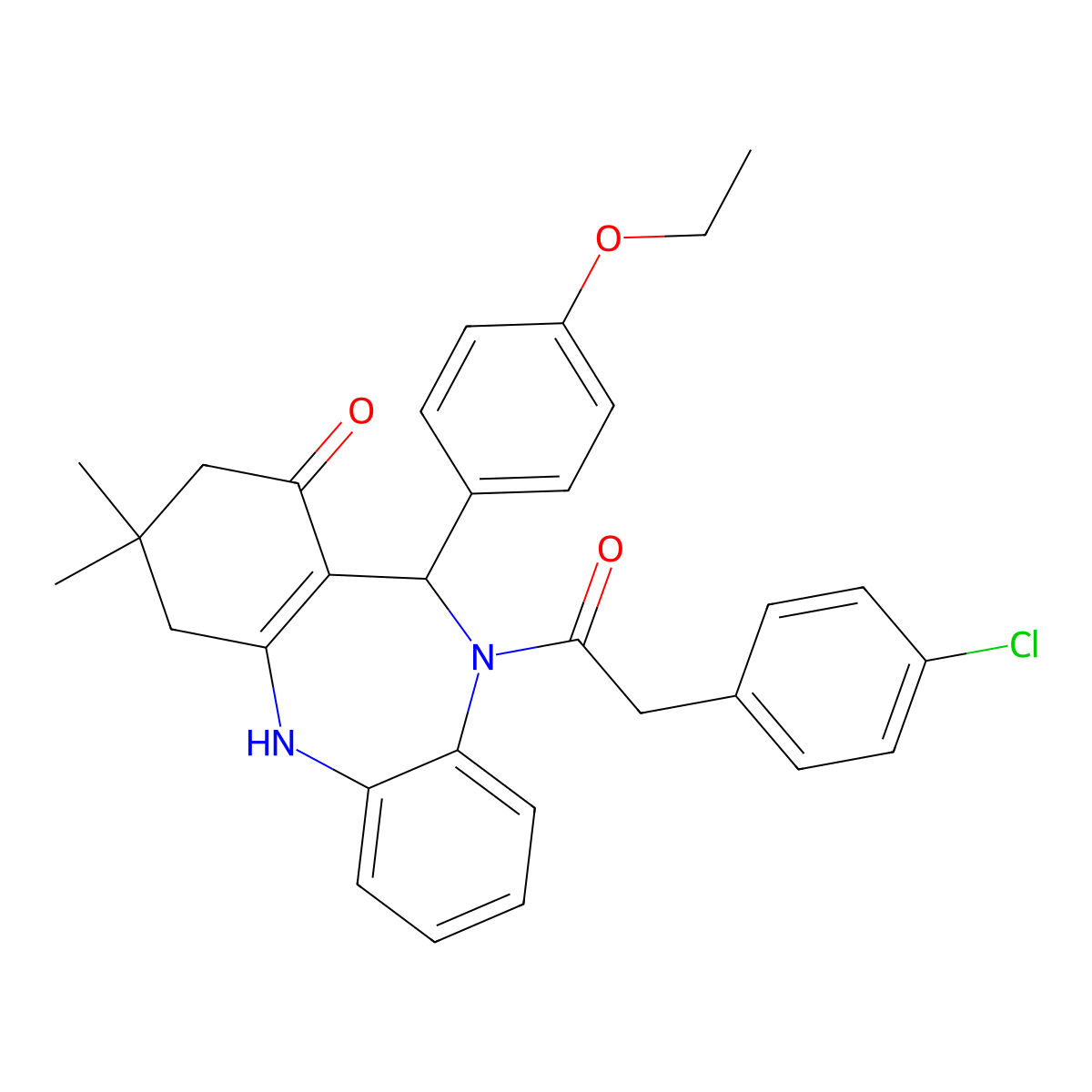 5-[2-(4-Chlorophenyl)acetyl]-6-(4-ethoxyphenyl)-9,9-dimethyl-6,8,10,11-tetrahydrobenzo[b][1,4]benzodiazepin-7-one molecular structure, CAS 352690-98-3