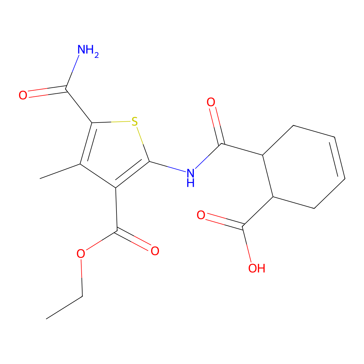 6-{[5-Carbamoyl-3-(ethoxycarbonyl)-4-methylthiophen-2-yl]carbamoyl}cyclohex-3-ene-1-carboxylic acid molecular structure, CAS 352691-13-5