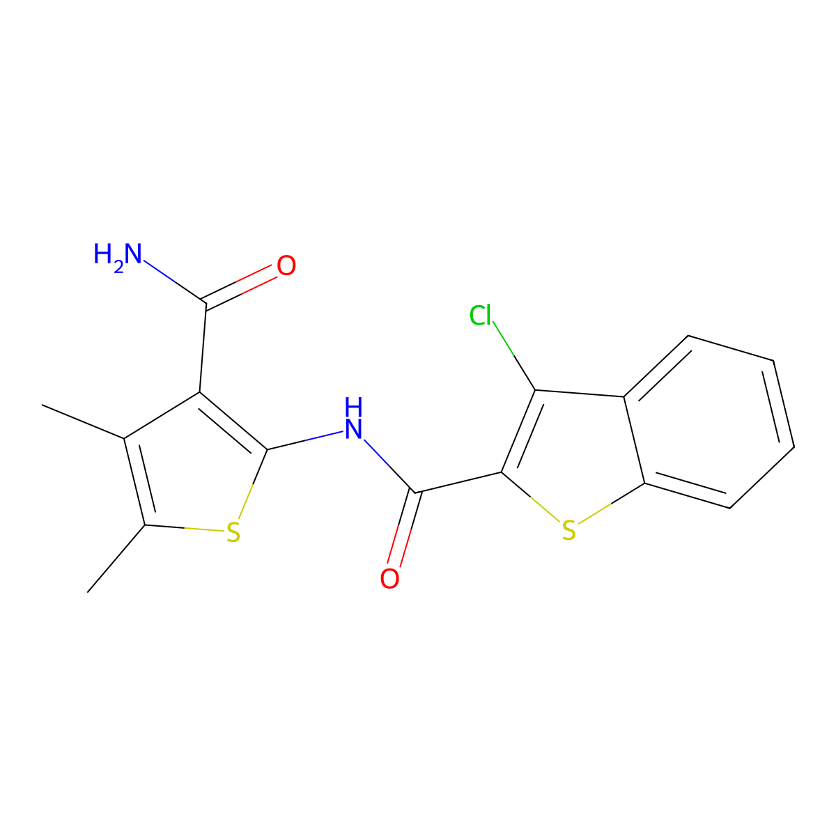 N-(3-carbamoyl-4,5-dimethylthiophen-2-yl)-3-chloro-1-benzothiophene-2-carboxamide molecular structure, CAS 352691-29-3