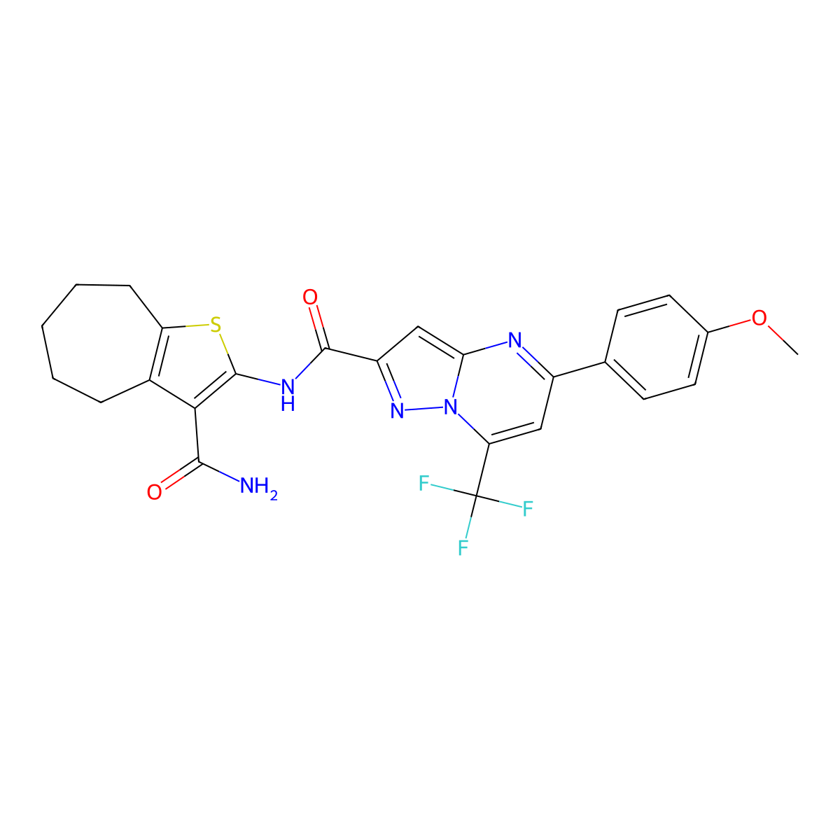 N-(3-carbamoyl-5,6,7,8-tetrahydro-4H-cyclohepta[b]thiophen-2-yl)-5-(4-methoxyphenyl)-7-(trifluoromethyl)pyrazolo[1,5-a]pyrimidine-2-carboxamide molecular structure, CAS 352691-37-3