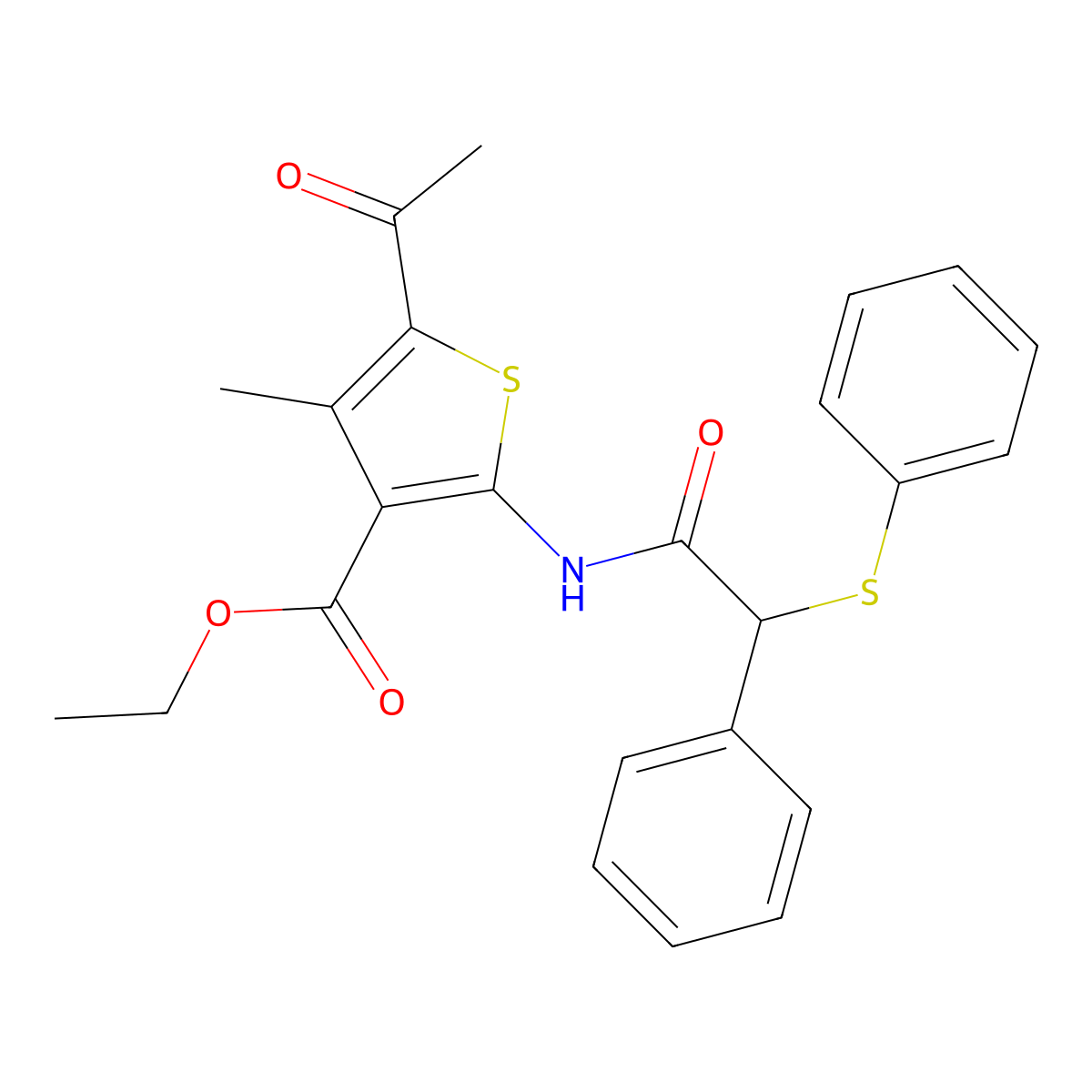 Ethyl 5-acetyl-4-methyl-2-{[phenyl(phenylsulfanyl)acetyl]amino}-3-thiophenecarboxylate molecular structure, CAS 352691-41-9