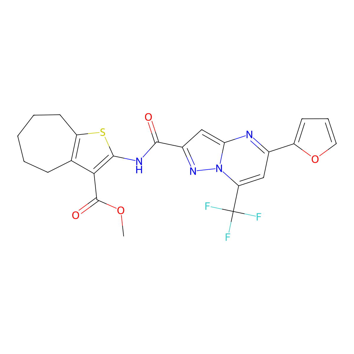 methyl 2-({[5-(2-furyl)-7-(trifluoromethyl)pyrazolo[1,5-a]pyrimidin-2-yl]carbonyl}amino)-5,6,7,8-tetrahydro-4H-cyclohepta[b]thiophene-3-carboxylate molecular structure, CAS 352692-06-9