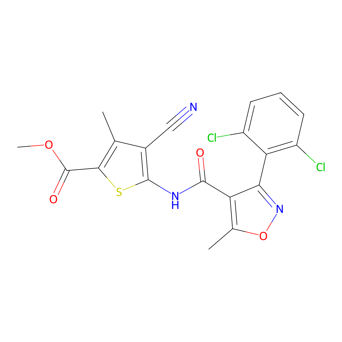 Methyl 4-cyano-5-({[3-(2,6-dichlorophenyl)-5-methyl-4-isoxazolyl]carbonyl}amino)-3-methyl-2-thiophenecarboxylate molecular structure, CAS 352692-27-4